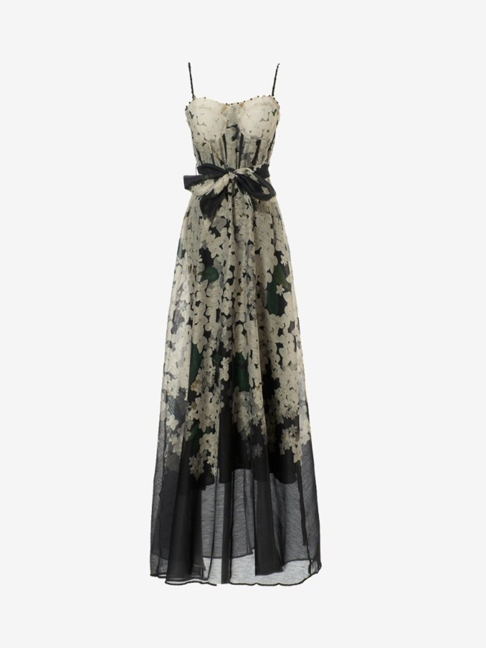 Black Floral Sweetheart Corset Maxi Evening Dress with Sash - Picture 7 of 7